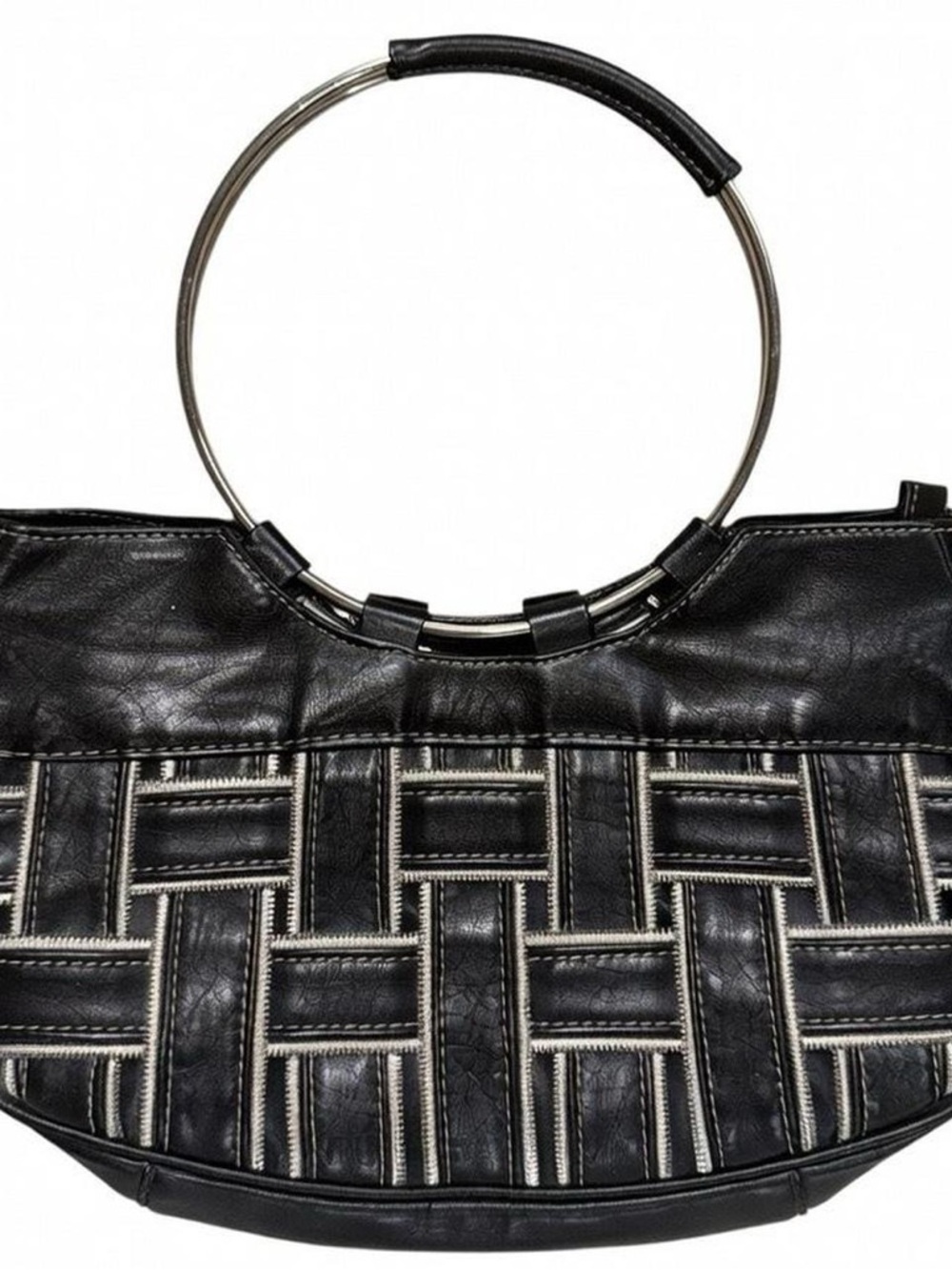 Black Woven Ring-Handle Women's Handbag